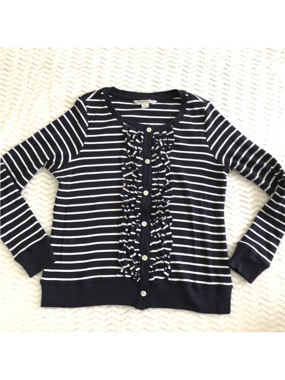 Pendleton Navy & White Striped Ruffle-Front Cardigan Rare EUC